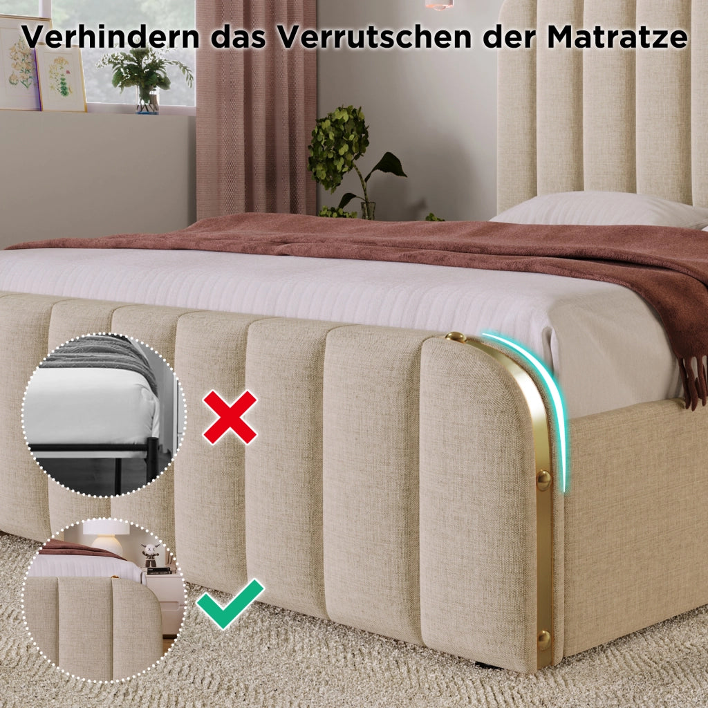 LETTO Contenitore imbottito 140x190 cm beige con USB e Type-C
