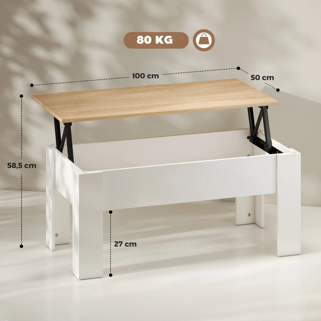 Tavolino da caff¨¨ con piano elevabile e vano contenitore ¨C Xylo ¨C Bianco e legno naturale 100x50cm