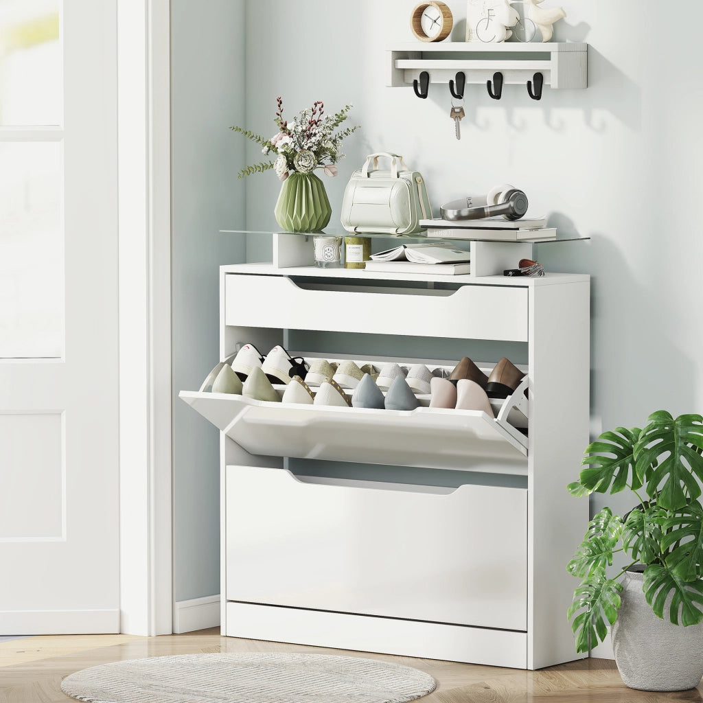 Scarpiera con 2 Ante a Ribalta e Cassetto, Portascarpe Salvaspazio in Vetro con Ripiani Regolabili ¨C zephmum ¨C 89x23x96cm, Bianco Lucido
