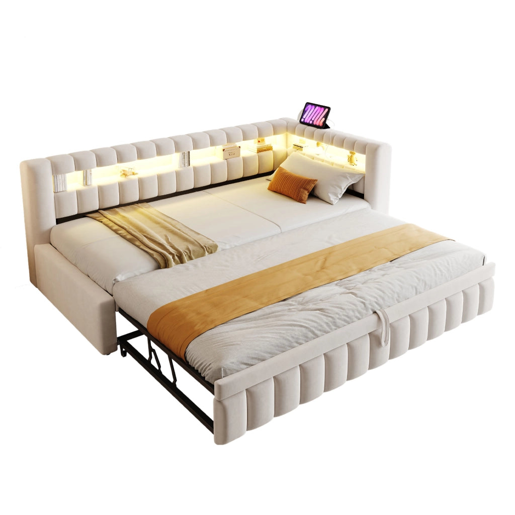 LETTO Divano letto trasformabile 90x200 cm in velluto beige con LED e USB