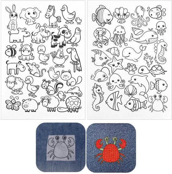 Set di 100 disegni di stampe per cucito acqua-resistenti con stabilizzatore per cucito - animali - 4 fogli A4 - 30x20cm