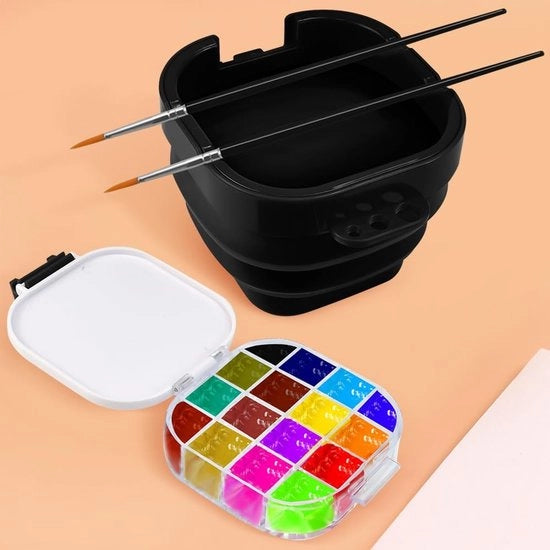 Pittura a olio 16 contenitori - Cassetta di pittura pieghevole - Asciugacolori multifunzionale - Contenitore di acquerelli portatile - Chiusura ermetica - Incluso bicchiere d'acqua