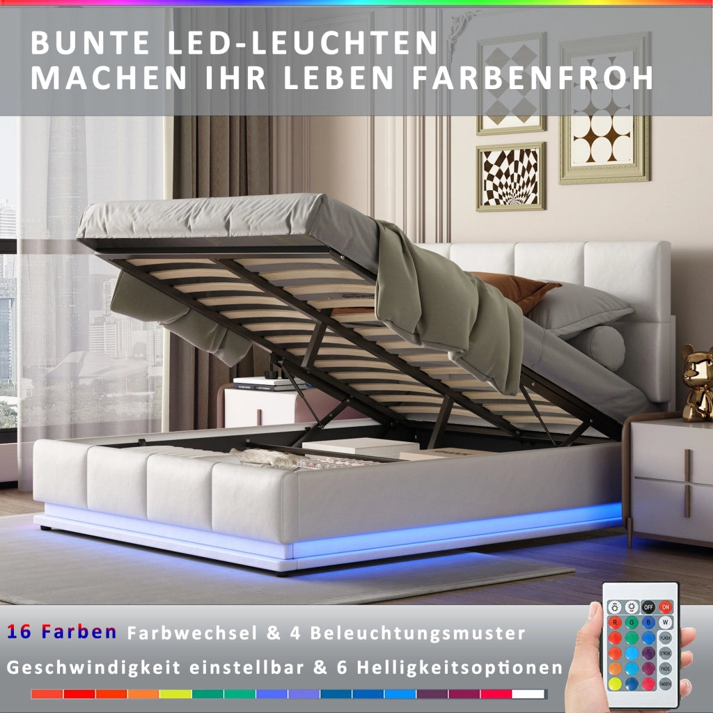 LETTO Imbottito 160x200 cm Bianco con LED e contenitore