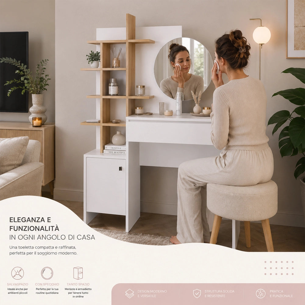 Postazione Make Up con Specchio Rotondo Bianco e Mensole Quercia 105x35x151 cm