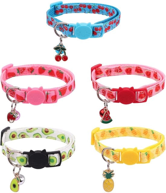 Collare per gatto 5 pezzi - Flessibile 18-30 cm - Chiusura di sicurezza - Con campanelli - Nylon - Disegno frutta - Collare per animali