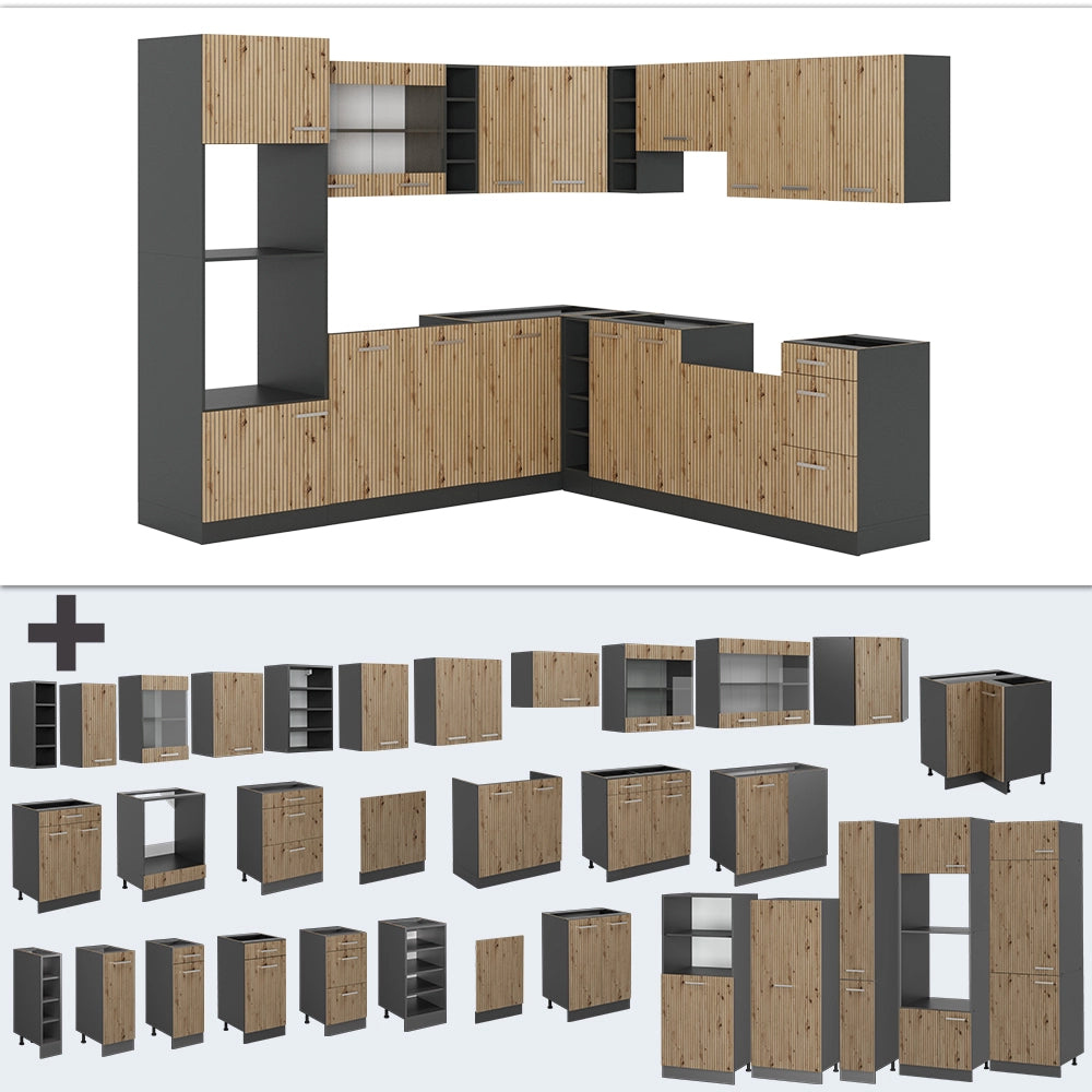 Cucina angolare completa R-Line Rovere artigianale/Antracite 247 x 237 cm, PL Antracite Vicco