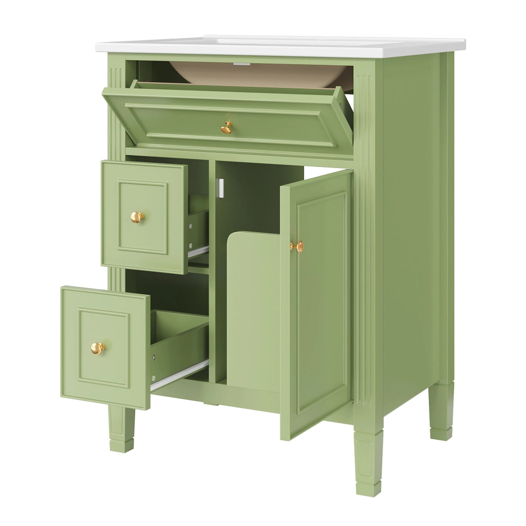 Mobile Bagno 61x47x86 cm Verde Lucido con Lavabo Ceramico, 3 Cassetti, Anta Soft-Close, Senza Rubinetto