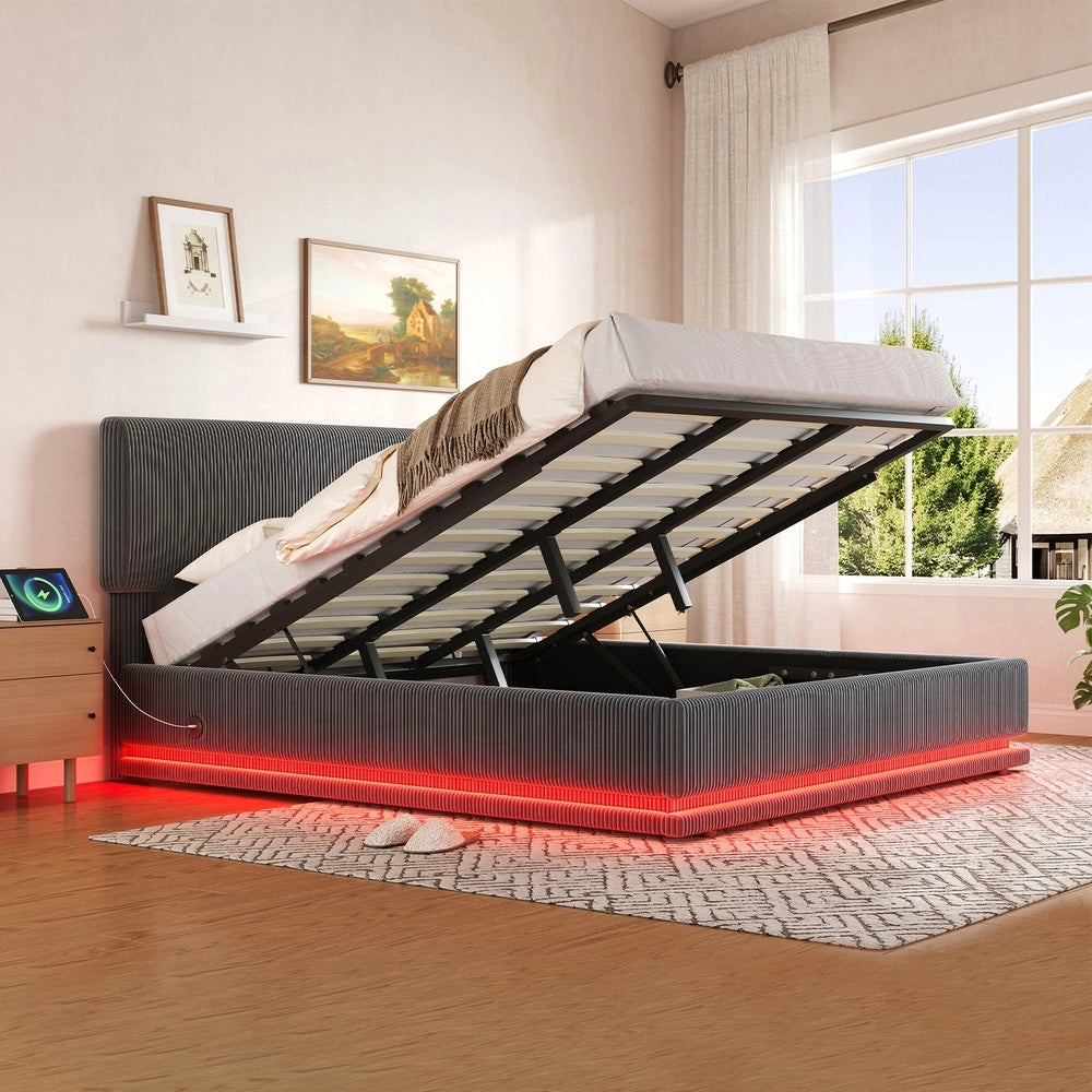 Letto Imbottito Contenitore con LED e Testiera Regolabile ¨C MINIMAL ¨C Velluto Grigio 180x200
