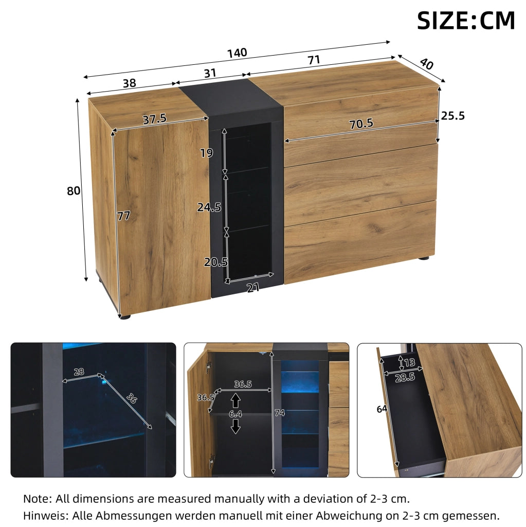 Credenza moderna con LED e controllo APP; 140 x 40 x 80 cm; marrone e nero