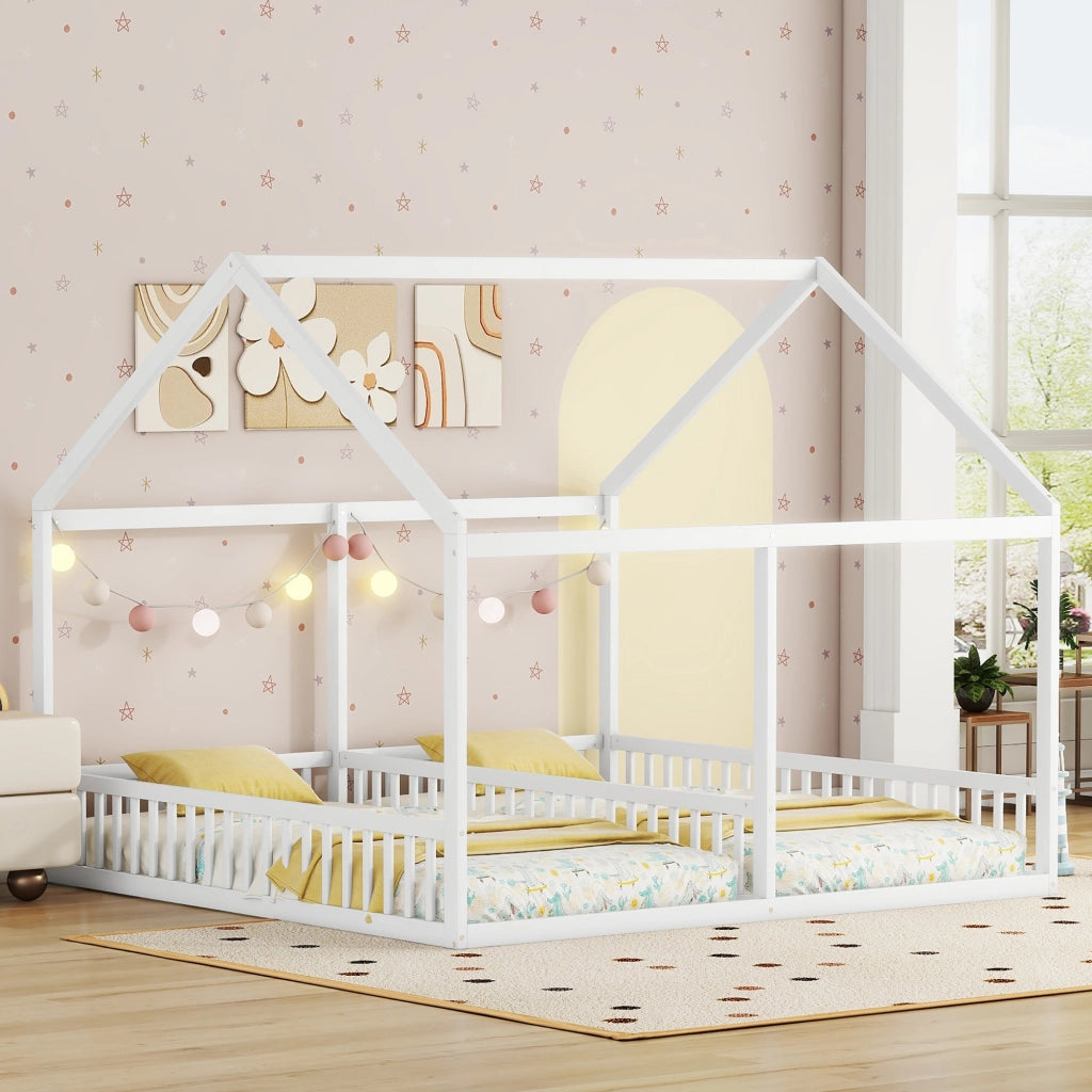 Letto singolo 90x200 in legno di pino e MDF, design a casetta, bianco