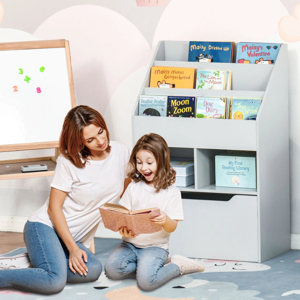 Libreria per Bambini con 3 Ripiani, 2 Cubi e Cassetti con Ruote ¨C Minimal ¨C 60x30x90 cm Grigio