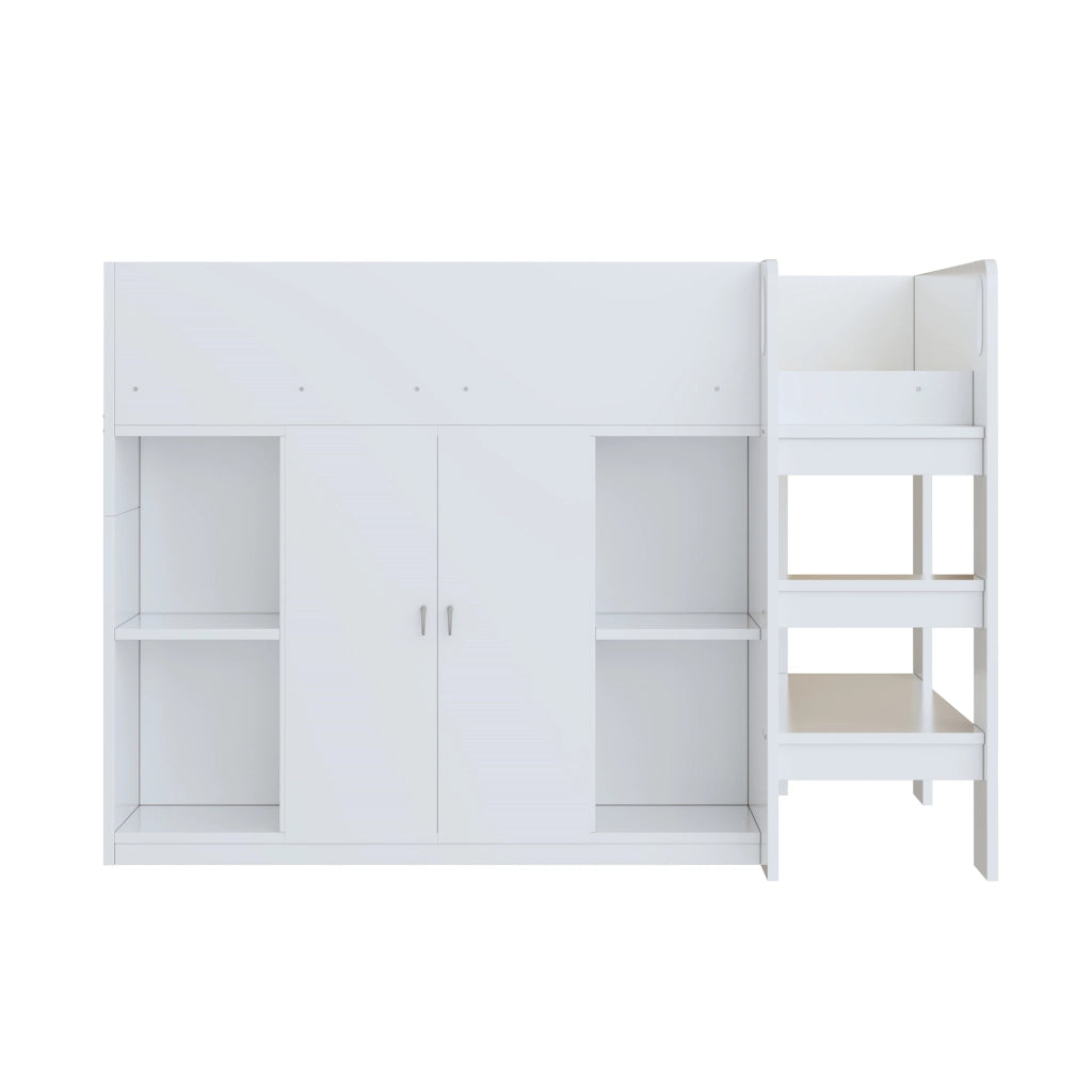 Hochbett 90x200 cm con scaffali, armadio e scala, bianco/grigio