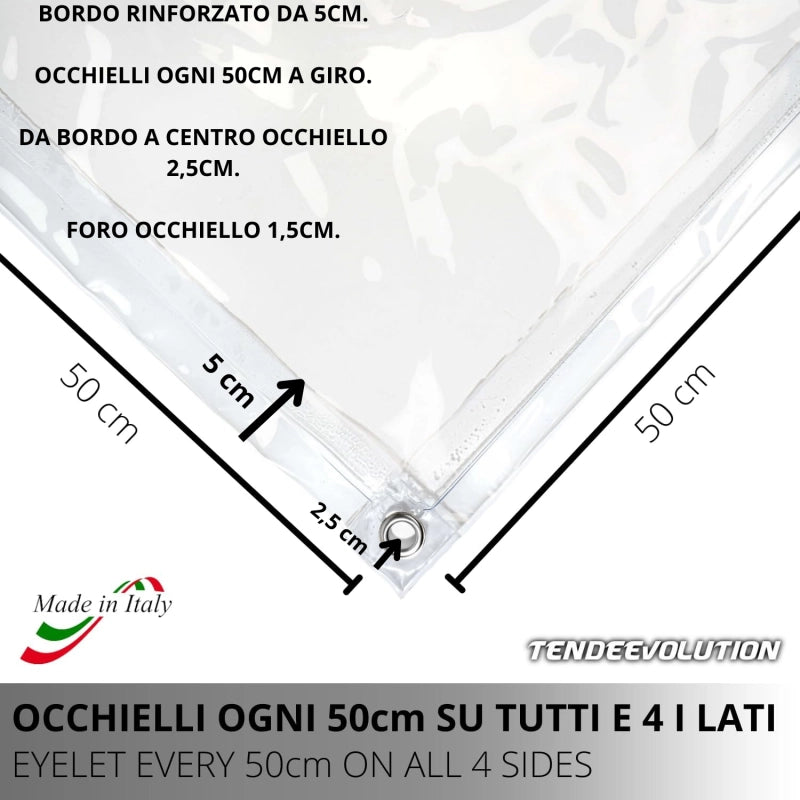 Telo PVC Cristal 1,8x1m, Spessore 0,65MM, 750g/m² - Trasparente IGNIFUGO con Occhielli 50cm - Resistente UV & Impermeabile - Made in Italy