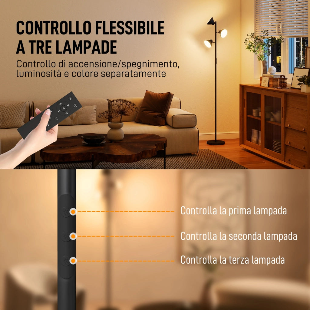 Lampada da Terra con 3 Teste Regolabili ¨C Xylo ¨C Telecomando Timer Acciaio Plastica ?25x170cm Nero