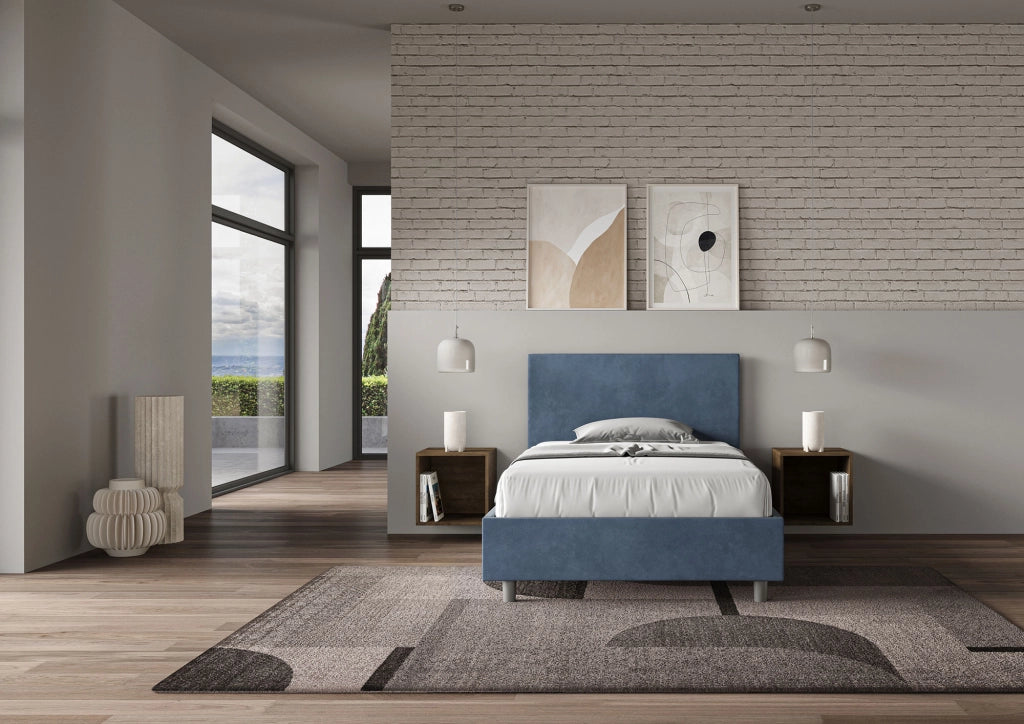 BS COM Letto una piazza e mezza con rete imbottito 110x190 microfibra blu