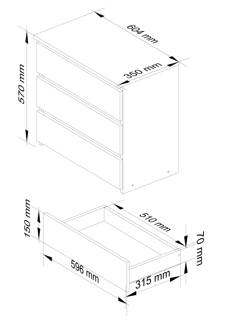 Comodino AKORD CL3 Grigia Grafite 60 cm 3 cassetti inserto frontale Bianco 60x35x57 cm