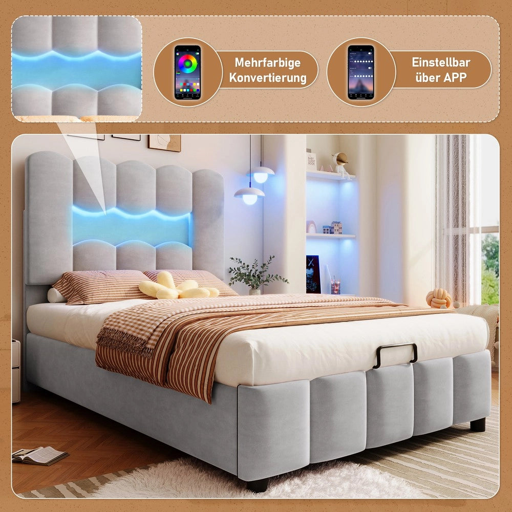 Letto Imbottito Singolo con LED e Contenitore ¨C MINIMAL ¨C Velluto Grigio 90x200