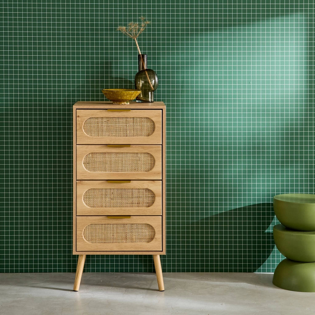 Cassettiera decorata legno con 4 cassetti, marrone naturale