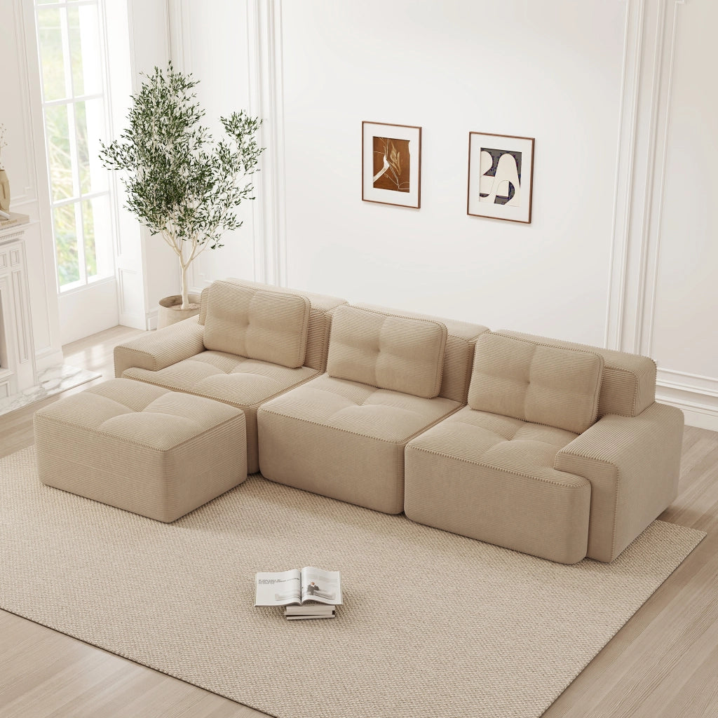 Divano modulare L - Zephmum - 3 posti, velluto, beige, senza montaggio