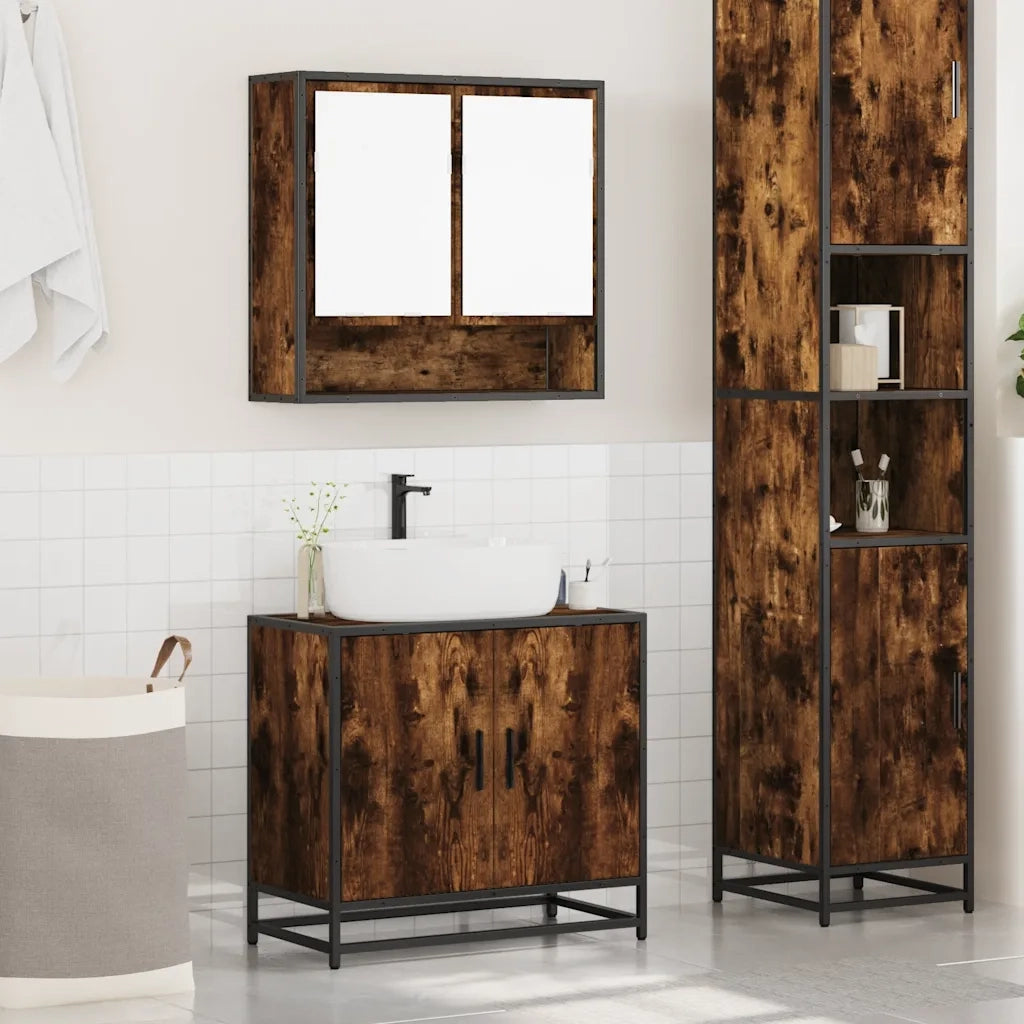 Set Mobili da Bagno | Armadio da bagno 2 pz Rovere Fumo in Legno Multistrato