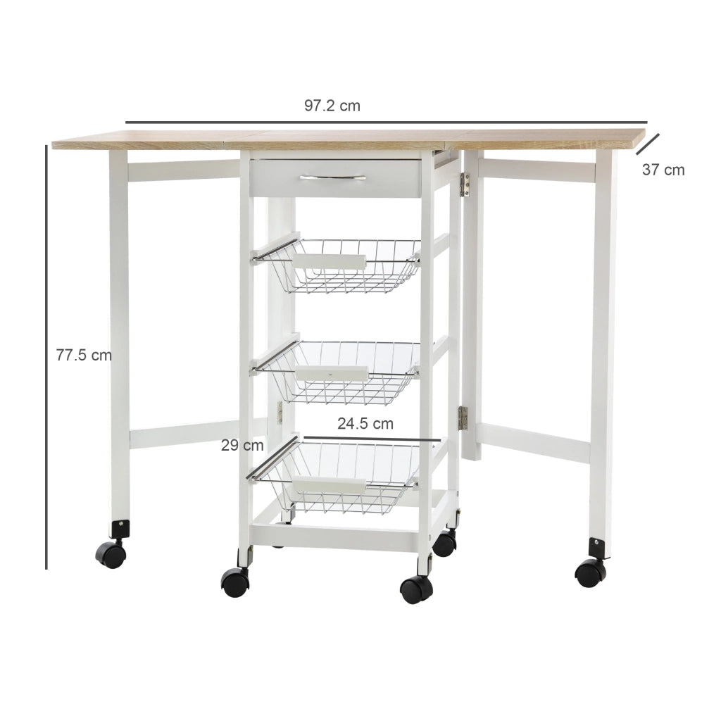 Carrello Portavivande Pieghevole per Cucina ¨C zephmum ¨C Bianco e Legno, 37x37x77.5 cm