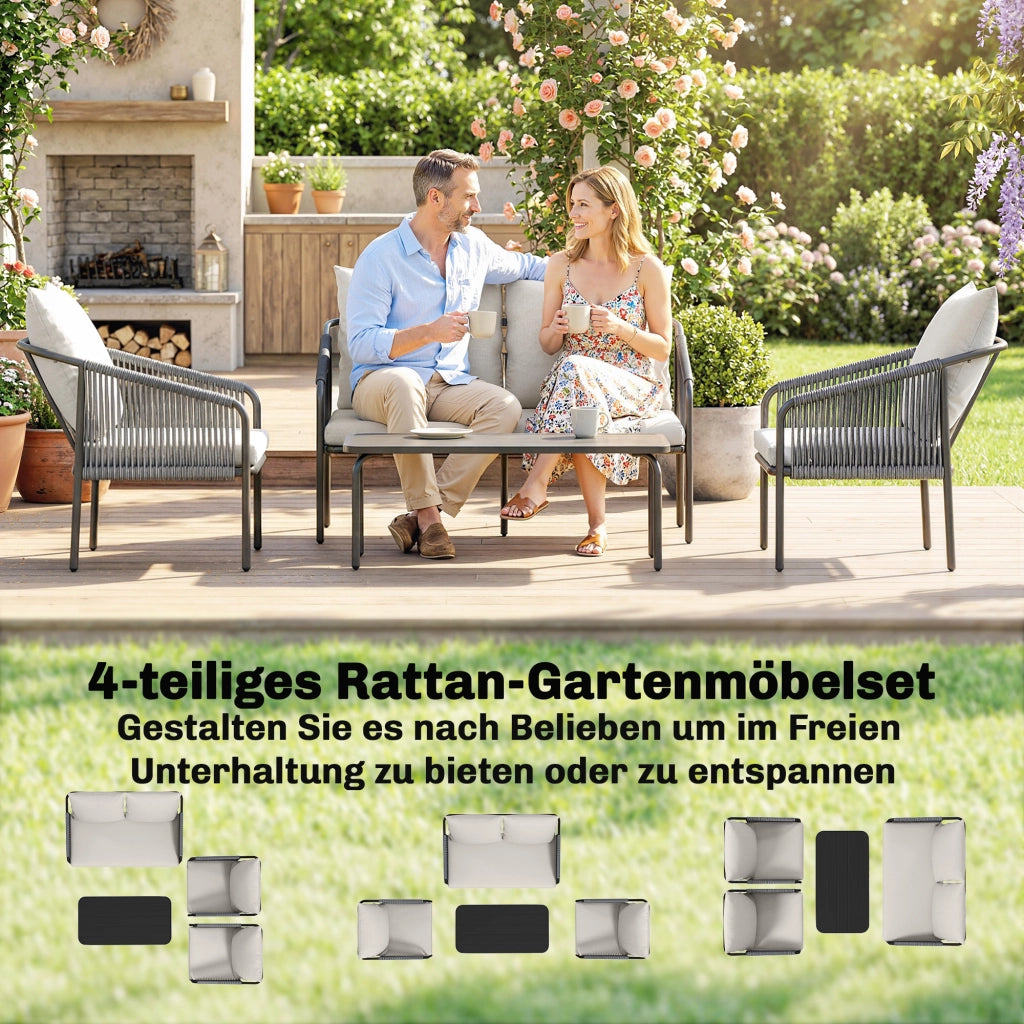 Set Giardino 4 Pezzi Polyrattan con Divano 2 Posti 2 Sedie Tavolino Cuscini ¨C Xylo ¨C Grigio