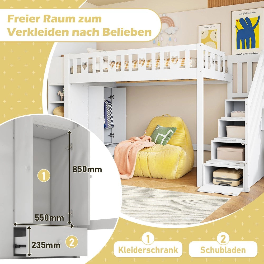 Letto a Soppalco con Contenitore e Scaffali ¨C MINIMAL ¨C Bianco 90x200