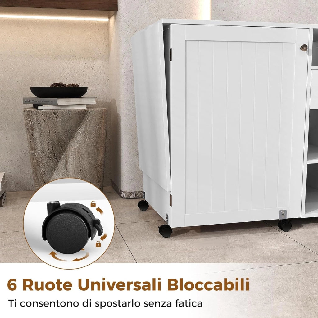 Tavolo per Macchina da Cucire Pieghevole, Tavolo per Cucito con Ripiani per Stoccaggio, Vassoi, Cassetto, Ganci e 6 Ruote Bloccabili, Bianco