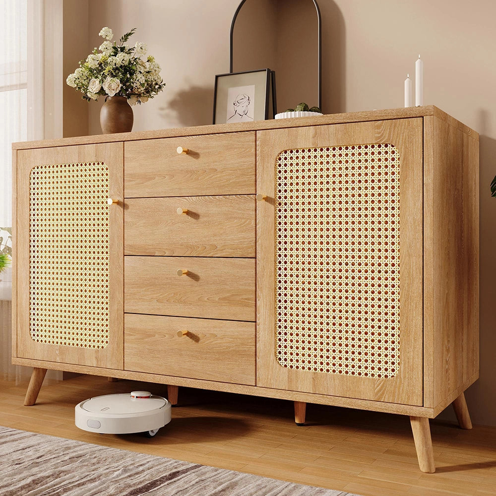Buffet Commode con rotin - Xylo - 4 cassetti 2 ante scaffali regolabili