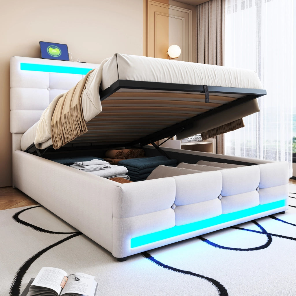 LETTO Imbottito LED 90x200 cm Beige con 2 porte USB