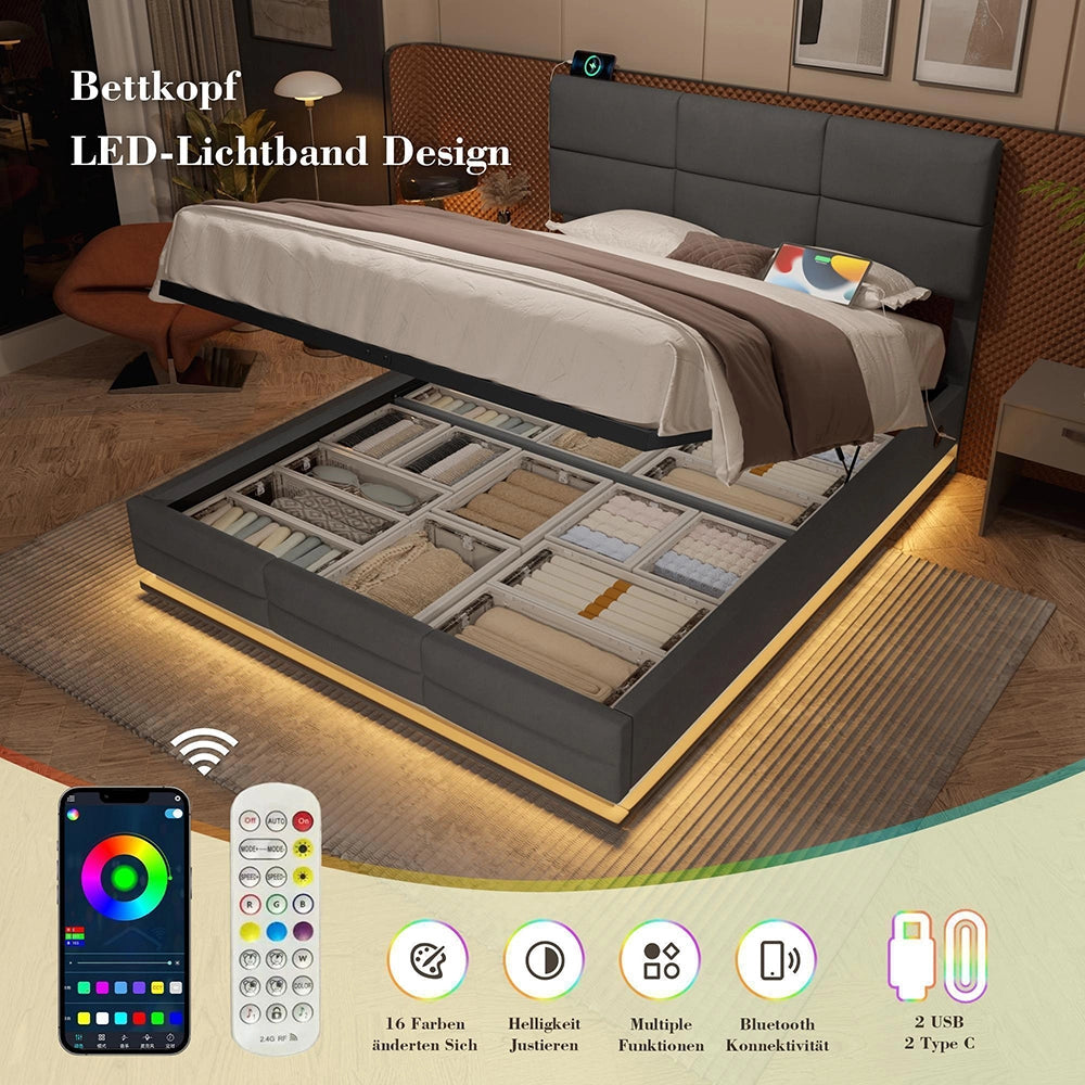Letto 140x200cm imbottito - Xylo - velluto grigio USB idraulico LED