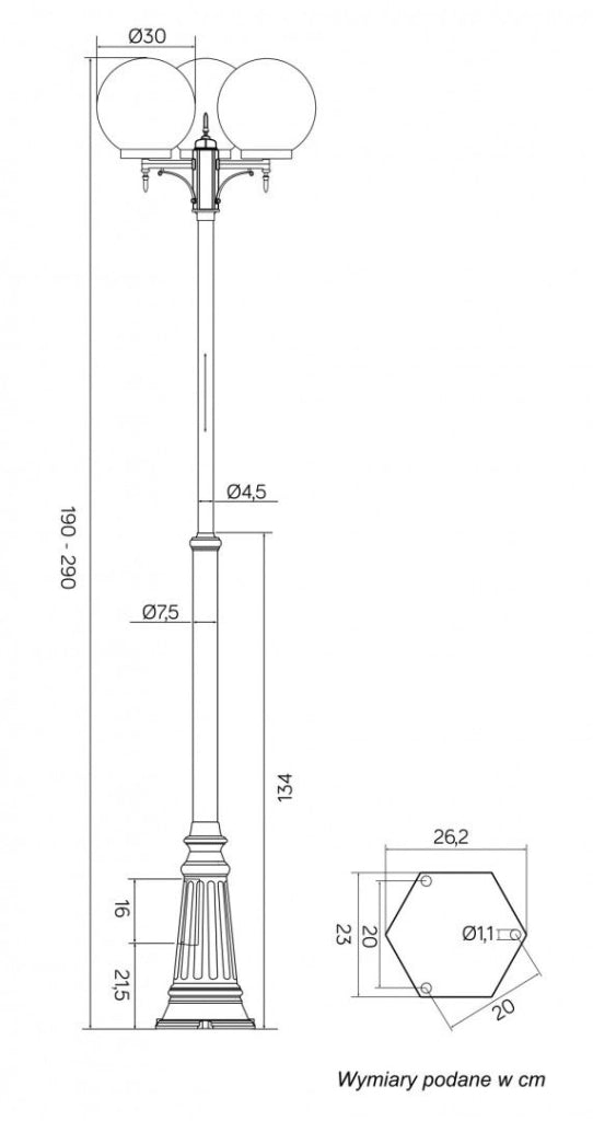 Lampione giardino KULE 290cm 3 sfere E27 nero IP43