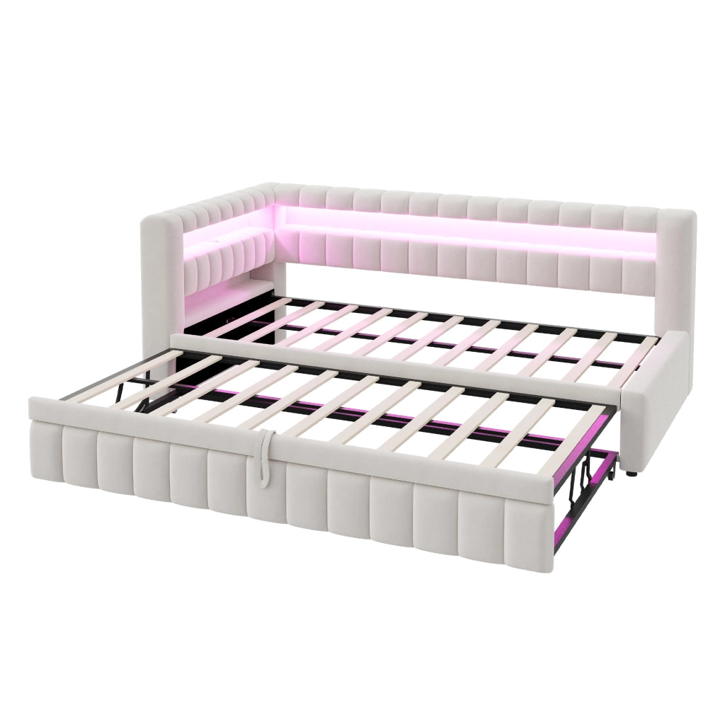 LETTO IMBOTTITO ESTRAIBILE 90x200 cm Velluto Beige con LED e porte USB/Tipo-C