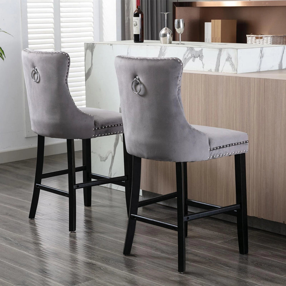 Set 2 sgabelli bar - Xylo - velluto grigio gambe legno con borchie