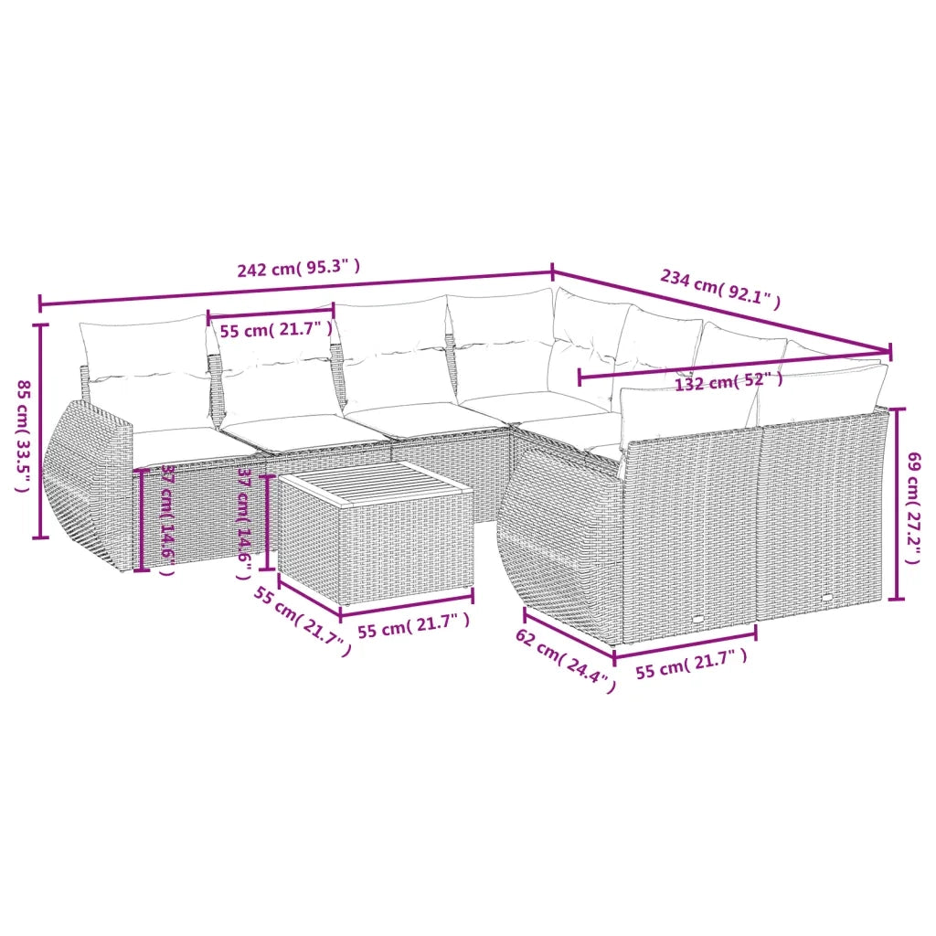 Set Divani da Giardino 9 pz con Cuscini Nero in Polyrattan 3224929