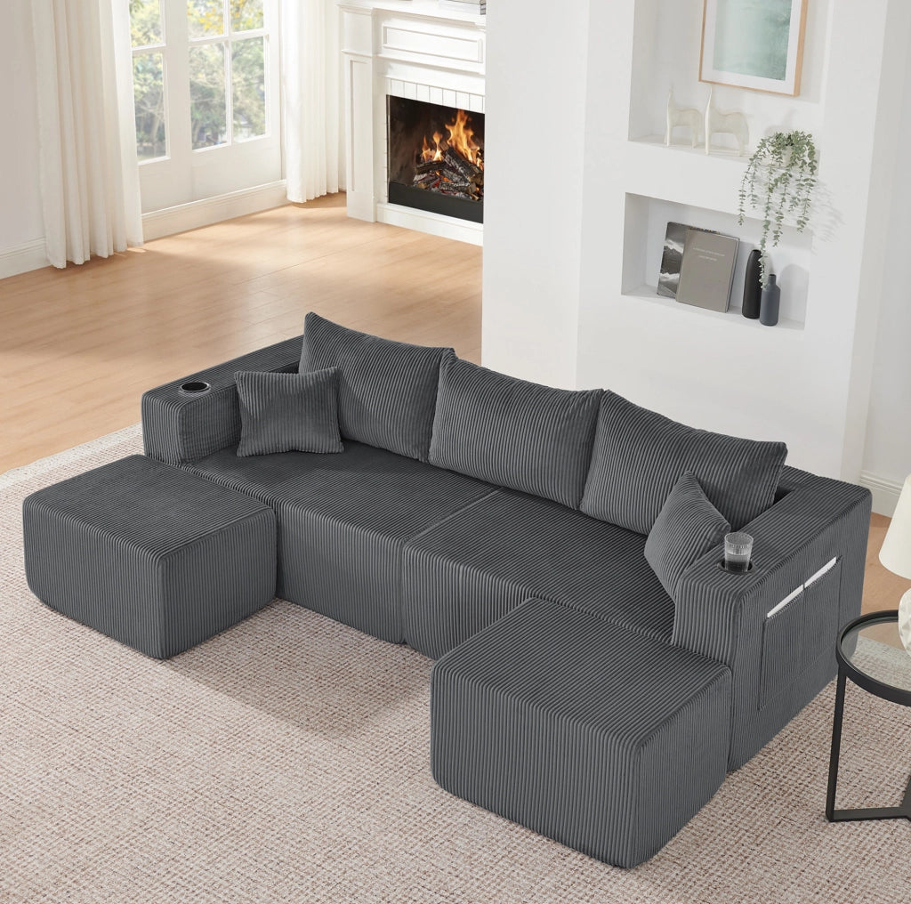 Divano angolare modulare 3 posti a L con pouf mobili; portabicchieri; tasche laterali e cuscini