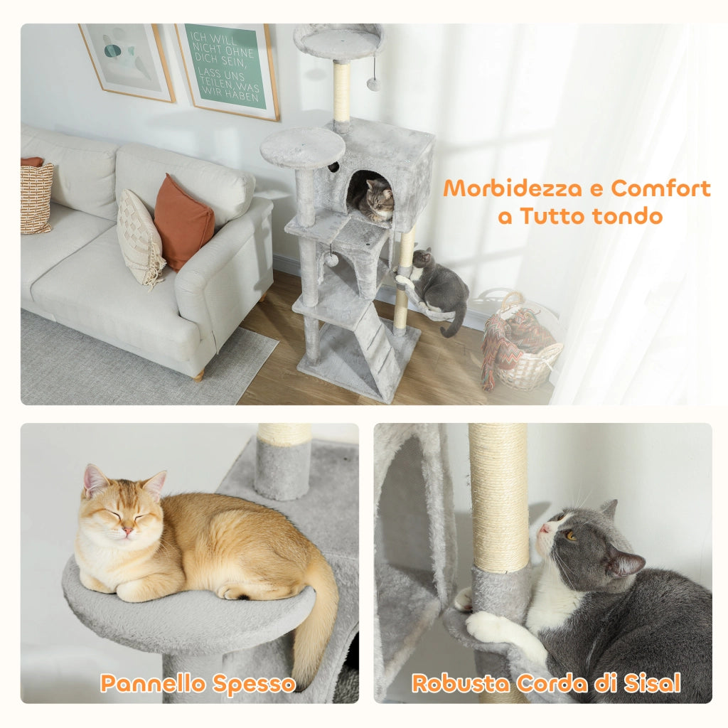Tiragraffi per Gatti con Casette e Amaca ¨C Xylo ¨C Grigio 48x48x160 cm