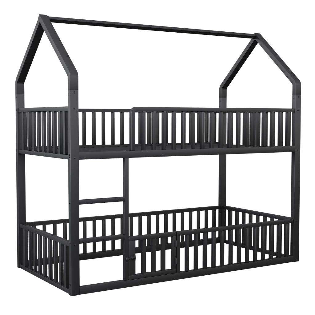Letto a castello in metallo 90x200 cm con scala frontale, design a casa, nero
