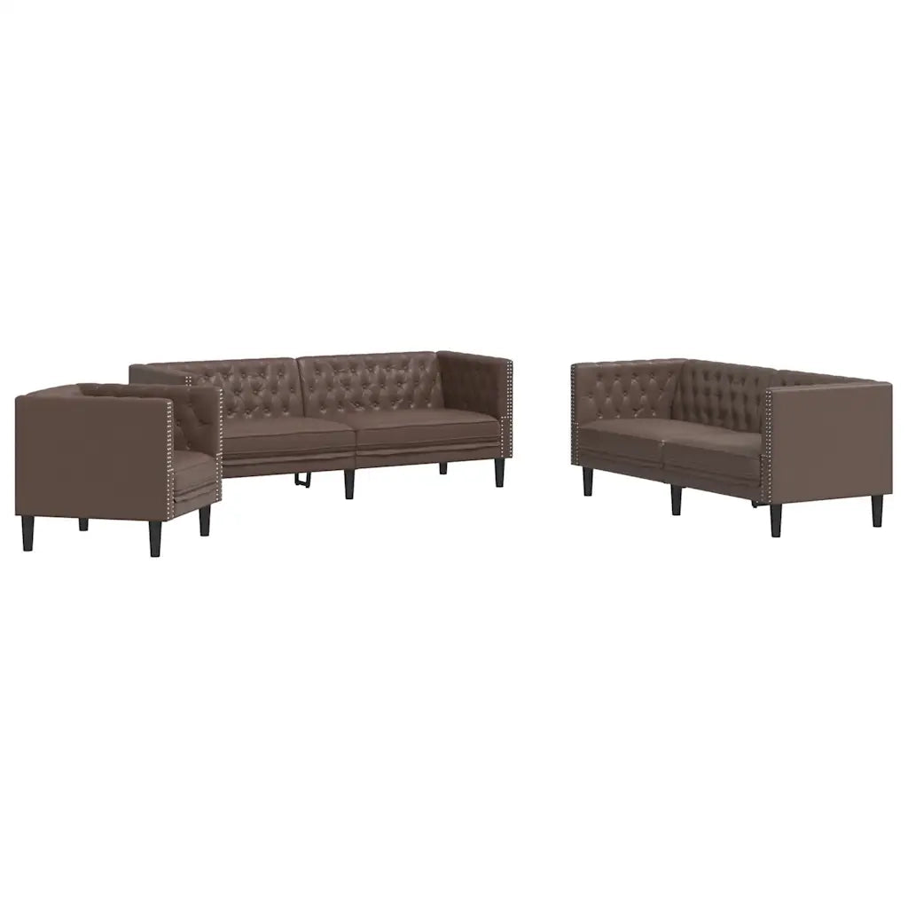 Set Divani Chesterfield 3pz Marrone in Similpelle