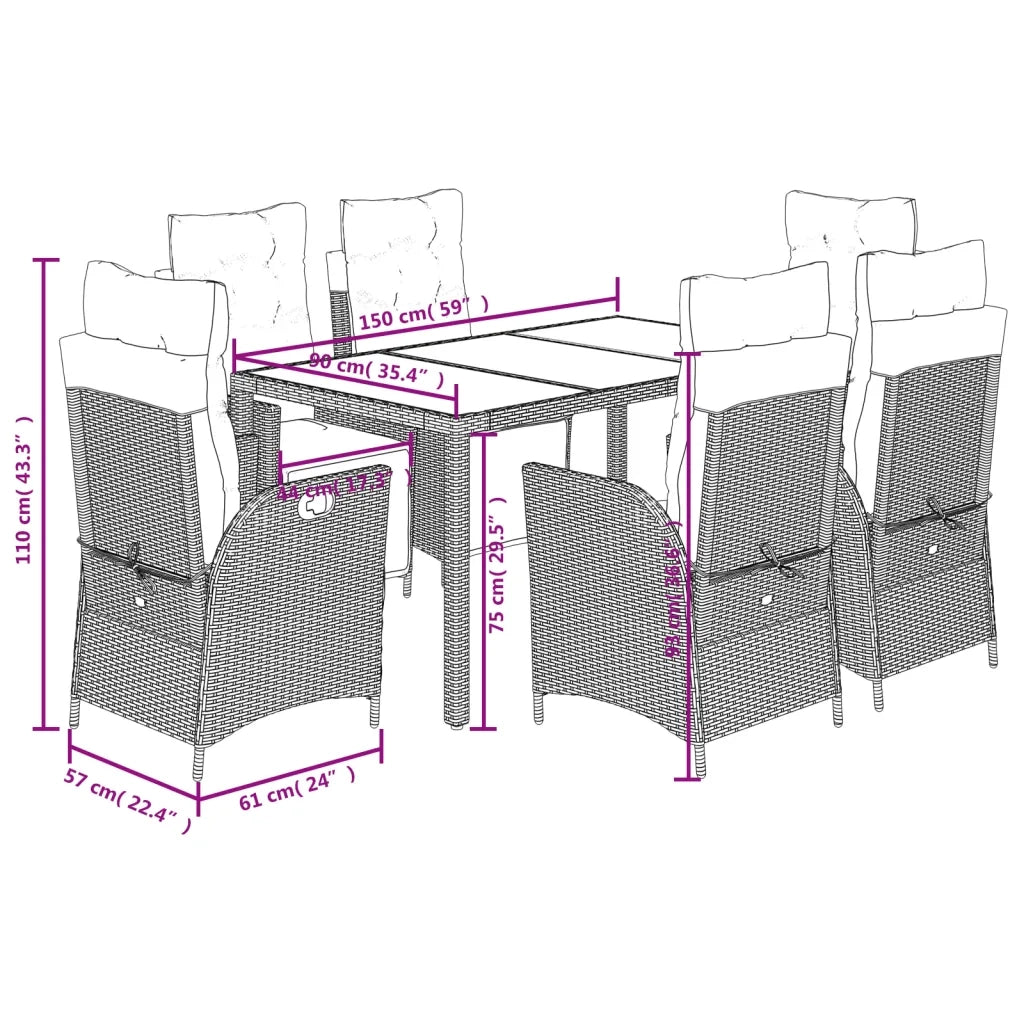 Set da Pranzo da Giardino 7 pz Nero con Cuscini in Polyrattan 3213071