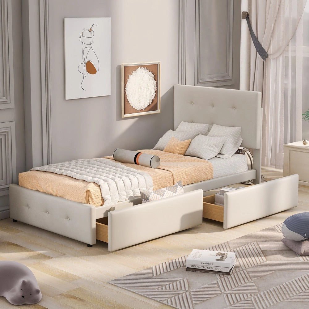 Letto Singolo Imbottito con Cassetti e Rete ¨C MINIMAL ¨C Velluto Beige 90x200