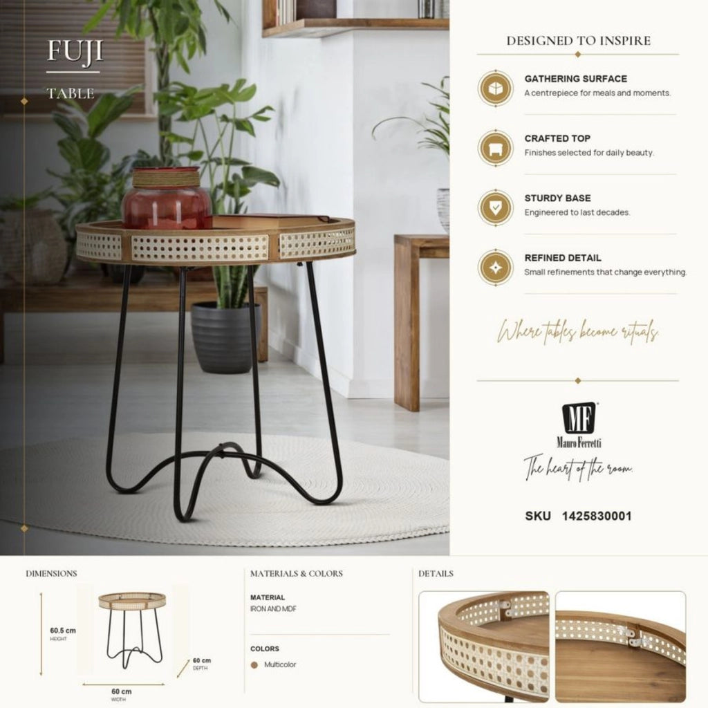 Tavolino rotondo Fuji in rattan e ferro nero — Ø 60 cm