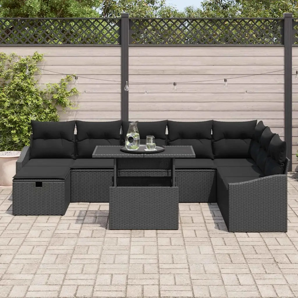 Set Divano da Giardino con cuscino 9 pcs Nero Poly Rattan