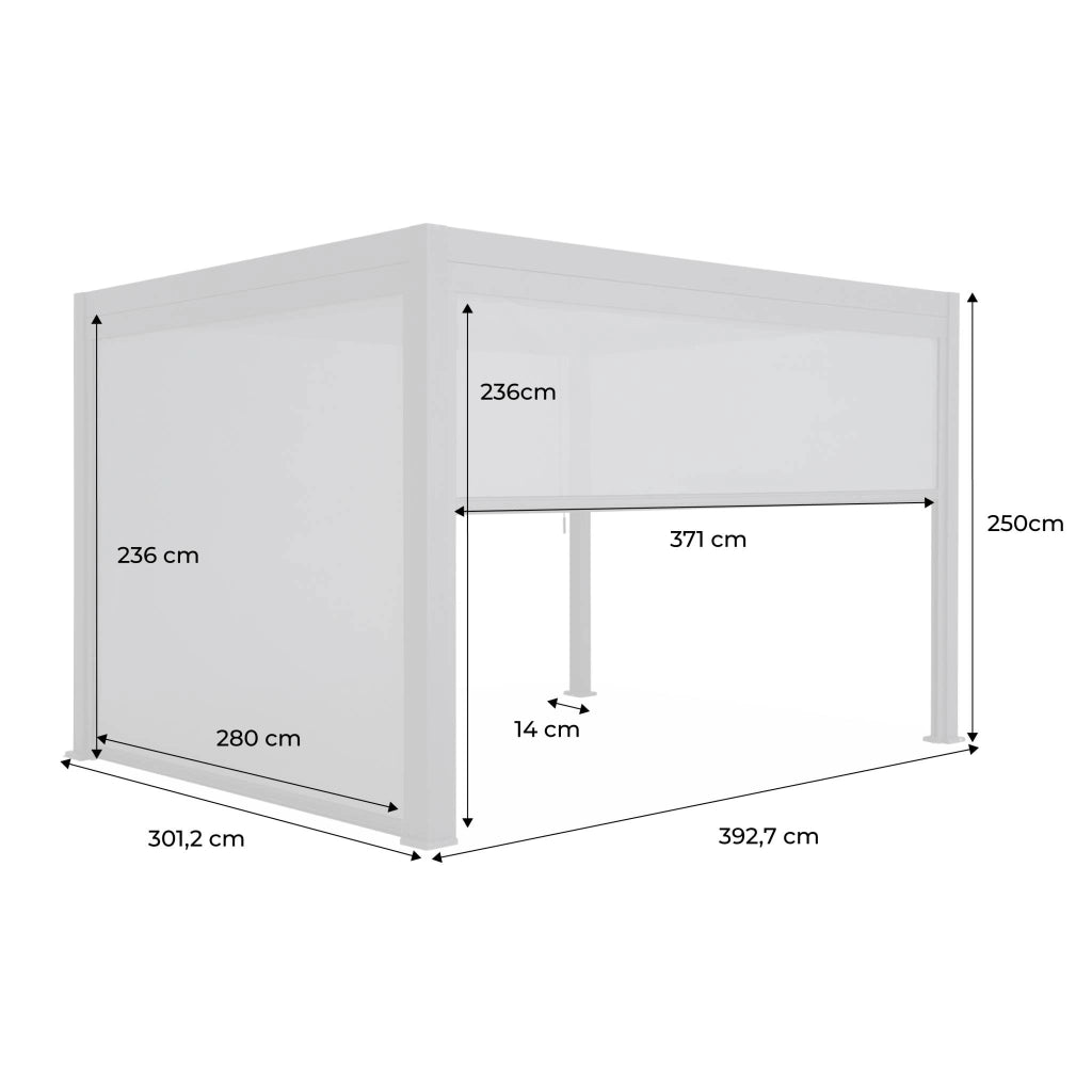 Pergola bioclimatica bianca + tenda 3m + tenda 4m