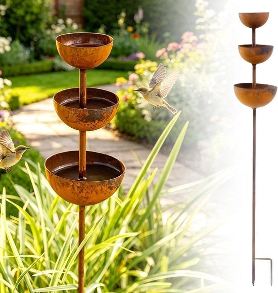 Raccoglitore di pioggia per uccelli e insetti, decorazione per giardino, 68 cm, look patina, metallo, stazione di innaffiamento per giardino, vasca per insetti, giardino, terrazza, balcone