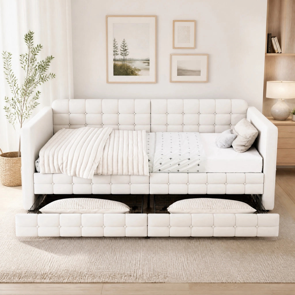 LETTO Imbottito 90x190 cm Beige con tasche laterali e 2 cassetti