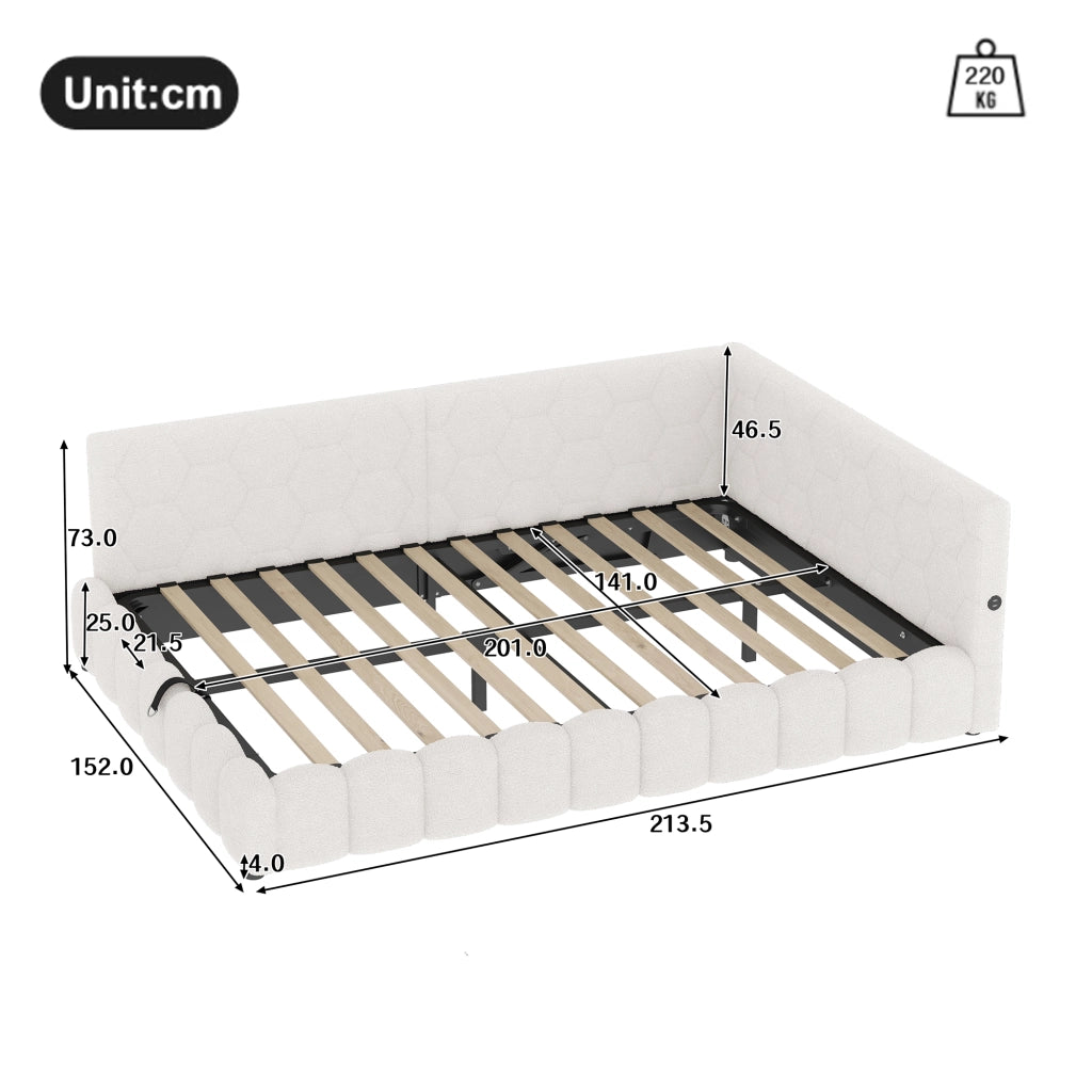 LETTO Contenitore 140x200 cm in velluto bianco con LED, USB e Tipo-C