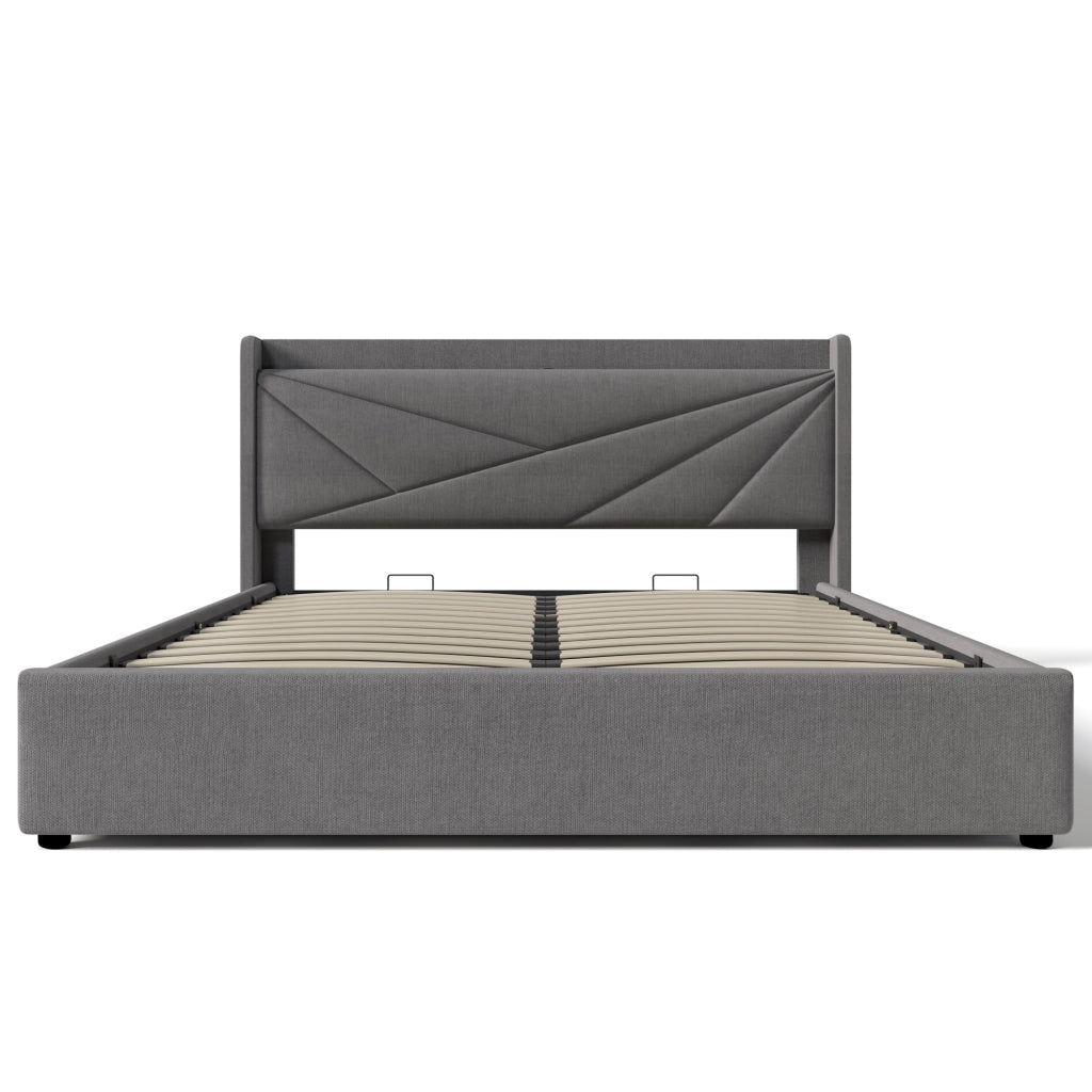 LETTO Contenitore 180x200 cm Grigio in cotone-lino con testiera e USB Type-C