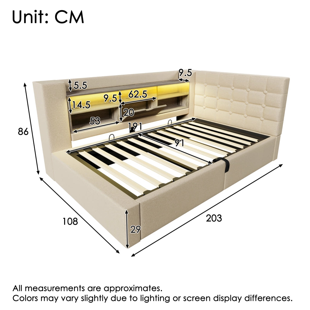 Letto imbottito idraulico con illuminazione a LED 90x190 cm colore beige lino