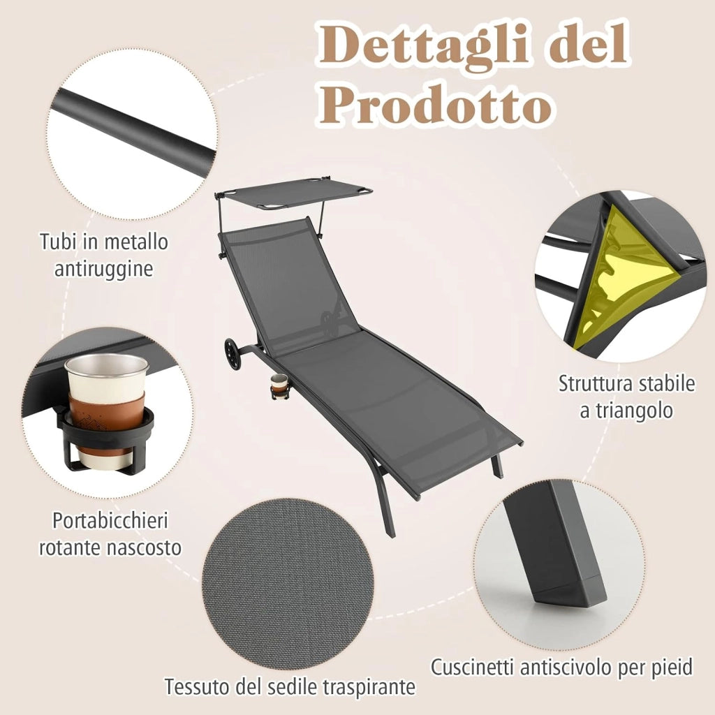 Lettino Prendisole da Giardino, Sdraio Reclinabile con Ruote Tettuccio, con Schienale Regolabile in 6 Livelli, Lettino da Giardino con Portabicchieri a Scomparsa, Portata 150 kg (1, Grigio)